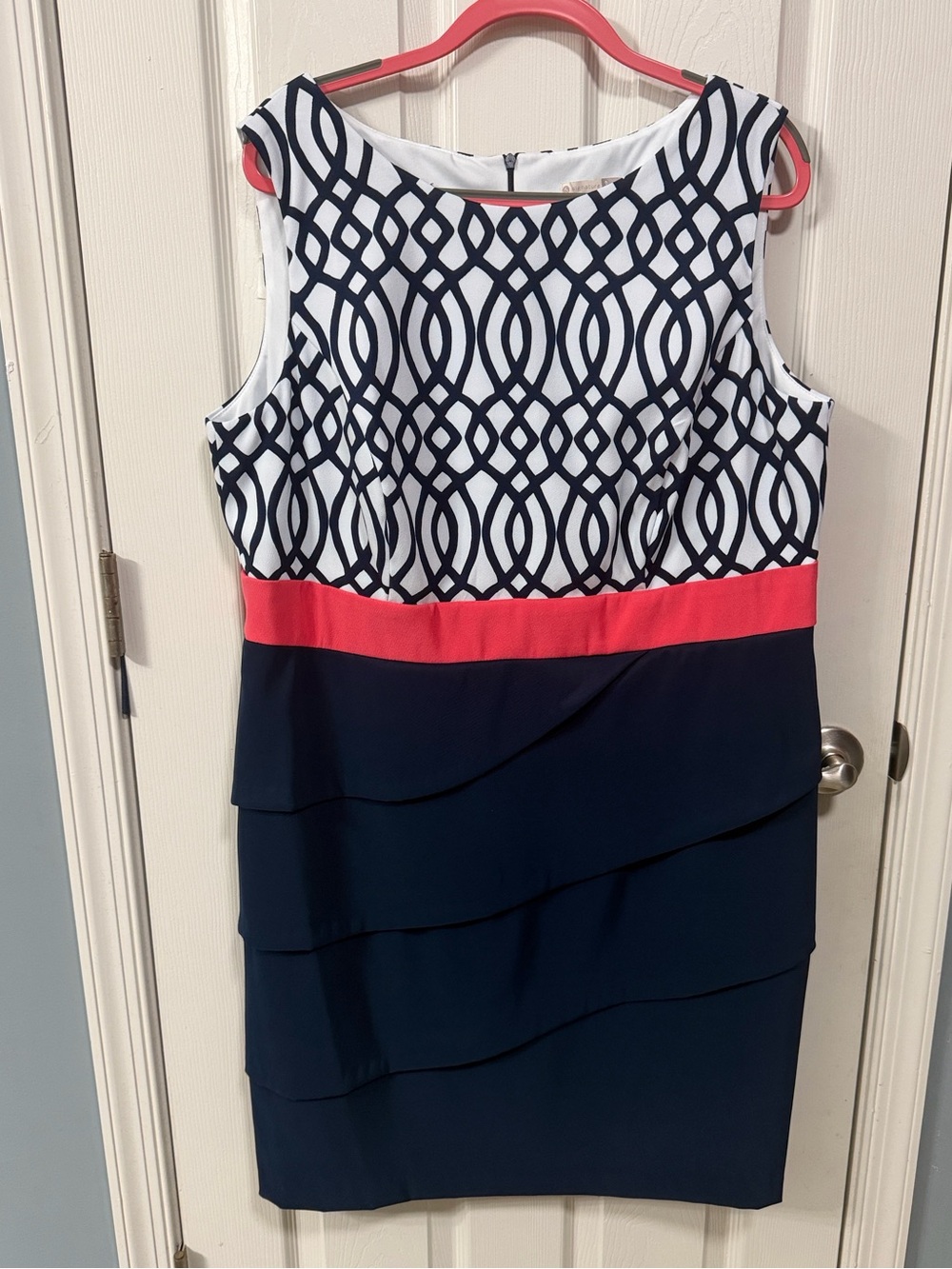 Signature Sabrina Sleeveless Navy White Patterned Plus Size Dress Career Office